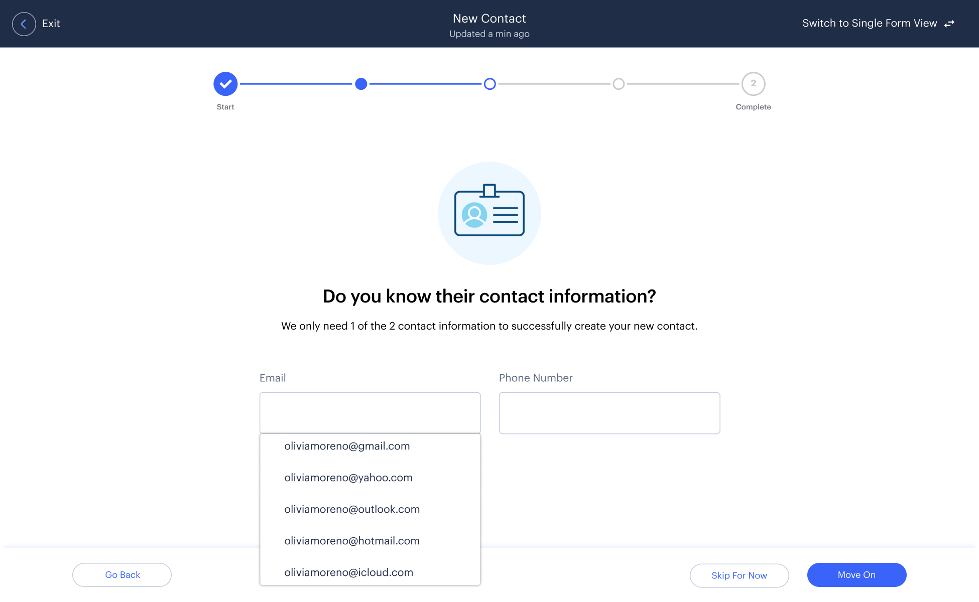New Contact – Contact Info Auto-fill